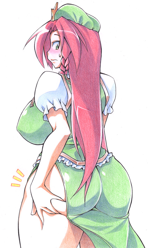 ass ass_grab bad_id bad_pixiv_id beret blush braid breasts chinese_clothes curvy deep_skin from_behind grabbing_own_ass green_eyes hat hong_meiling huge_ass huge_breasts long_hair looking_back no_panties pinching plump red_hair simple_background solo sweatdrop thick_thighs thighs touhou ushi weight_conscious white_background wide_hips