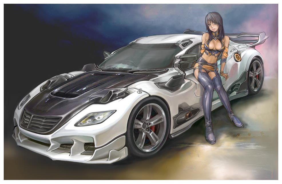 black_hair breasts car cleavage ground_vehicle kuratch medium_breasts midriff motor_vehicle original solo thighhighs