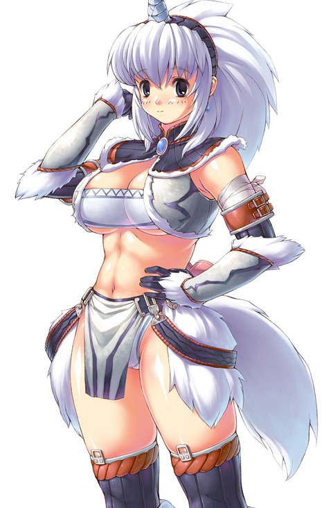abs bandages blush breasts cleavage earrings fur hairband hand_on_hip horn jewelry kirin_(armor) large_breasts monster_hunter shiny simple_background solo tail thighhighs uchiu_kazuma underboob white_hair