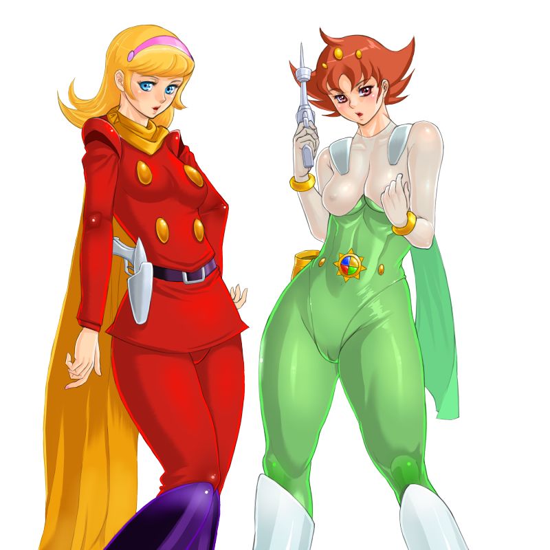 :o abs ahoge armor bangs belt blonde_hair blue_eyes blush bodysuit boots bracelet breasts brown_hair buttons cameltoe cape covered_nipples crossover curvy cyborg cyborg_009 francoise_arnoul green_bodysuit gun hair_ornament hairband hand_on_hip holding holster hyouga_senshi_gaislugger jewelry jpeg_artifacts knee_boots lipstick long_hair looking_at_viewer makeup medium_breasts multiple_girls nail_polish oldschool open_mouth pink_eyes pink_nails scarf short_hair simple_background skin_tight spiked_hair standing tani_mari thick_thighs thighs weapon white_background wide_hips zen_and_retro