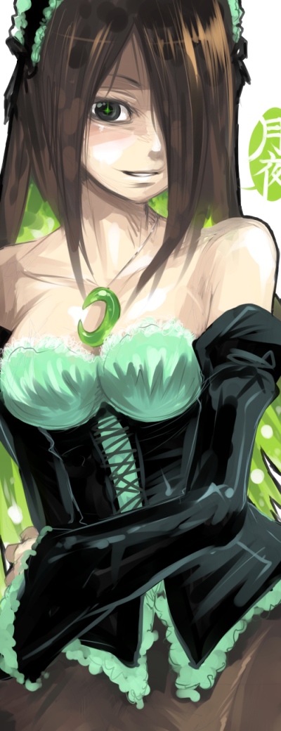 bare_shoulders breasts brown_hair cleavage detached_sleeves dress green_hair grey_eyes hair_over_one_eye jewelry long_hair medium_breasts multicolored_hair mushroom necklace omphalotus_japonicus oso-teki_kinoko_gijinka_zukan oso_(toolate) personification smile solo two-tone_hair