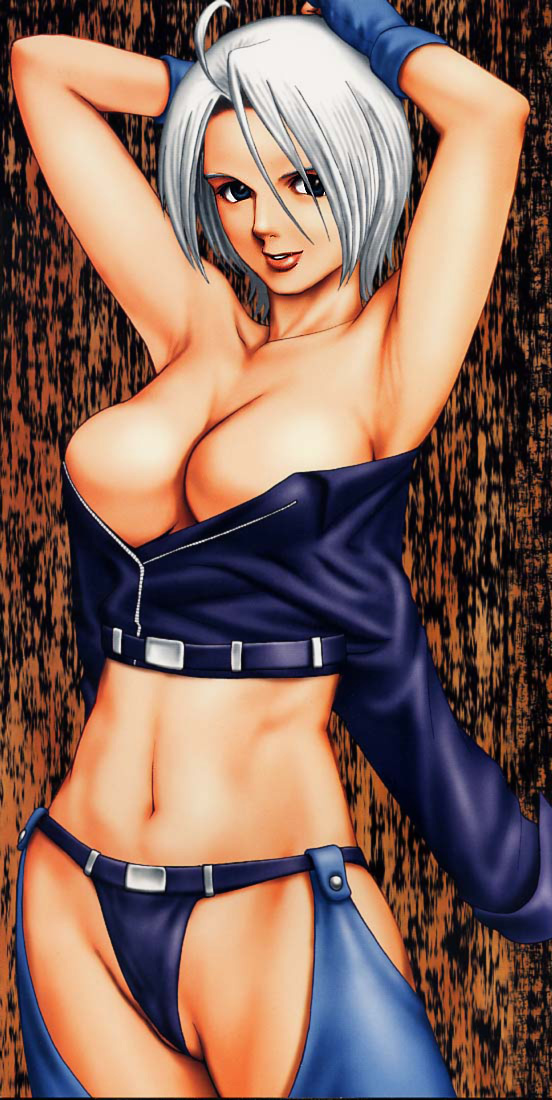 ahoge angel_(kof) armpits blue_eyes breasts cleavage face large_breasts lips midriff saigadou solo the_king_of_fighters white_hair