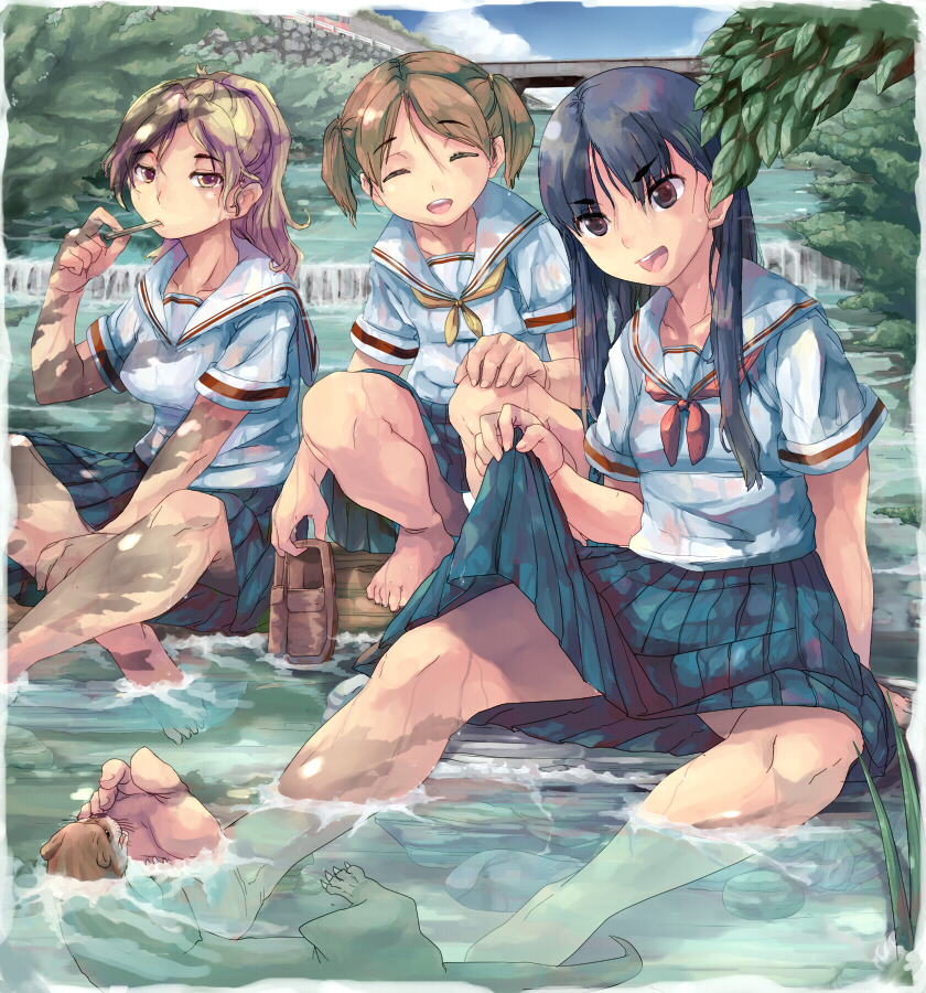 barefoot blue_hair brown_hair copyright_request feet knucklecurve long_hair multiple_girls otter short_hair skirt smile spread_legs teeth water wet wet_clothes