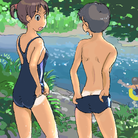 2girls adjusting_clothes adjusting_swimsuit black_hair brown_hair butt_crack day from_behind innertube lowres multiple_girls oekaki one-piece_swimsuit one-piece_tan oonani original outdoors river shorts_tan swimsuit tan tanline water