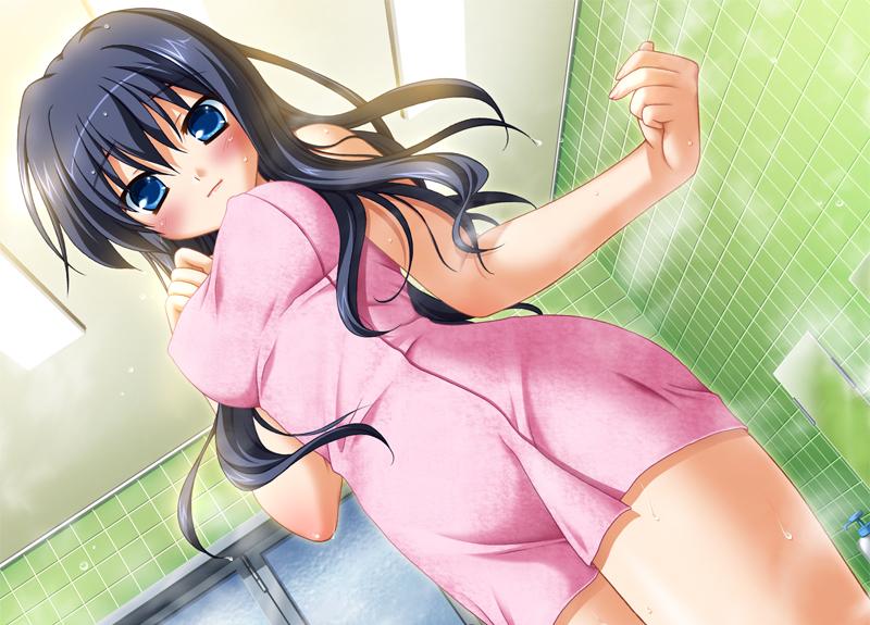 bath black_hair blue_eyes blush breasts clover_point covered_nipples from_below game_cg impossible_towel kashiwagi_tsukine looking_down medium_breasts naked_towel navel non-web_source solo steam towel wet yuyi