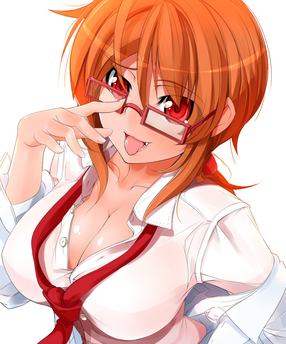 :p adjusting_eyewear breasts cleavage copyright_request dress_shirt fang fingernails glasses highres huge_breasts long_hair looking_at_viewer low_ponytail necktie no_bra orange_hair ponytail potion_(moudamepo) red_eyes red_neckwear shirt solo tongue tongue_out unbuttoned upper_body