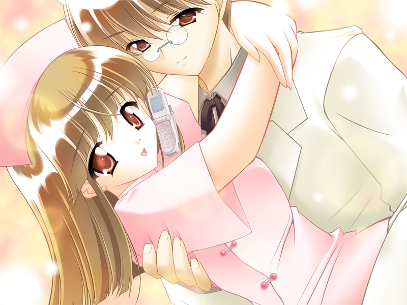 cellphone couple doctor glasses hug nurse phone smile
