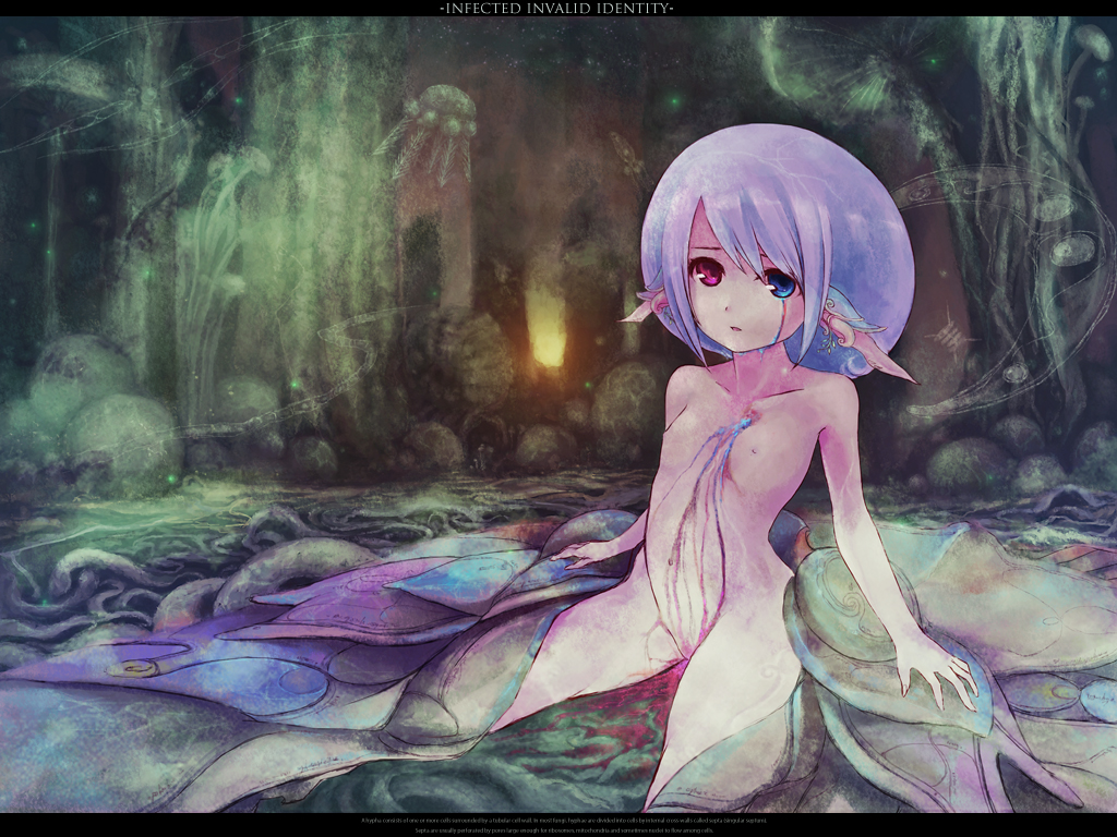 bad_id bad_pixiv_id blood chitose_rin heterochromia letterboxed monster_girl nude original pointy_ears sitting solo