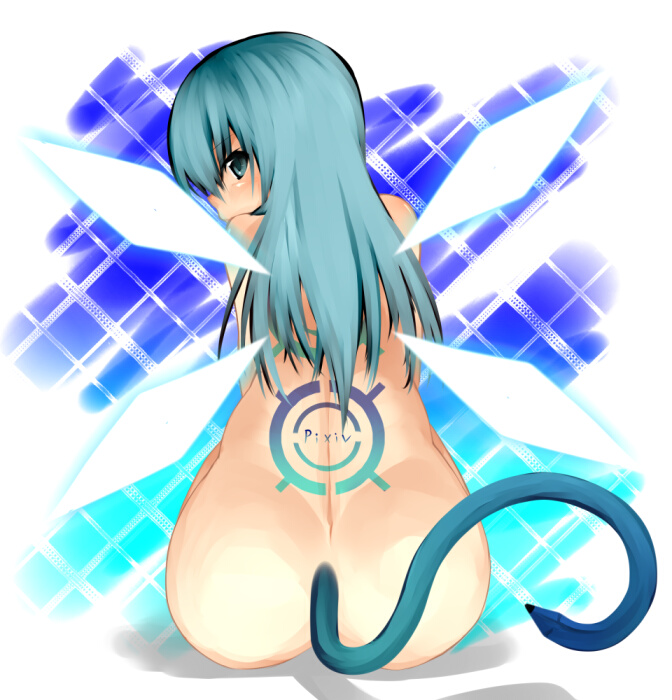 aoinagi ass back blue_eyes blue_hair long_hair looking_back nude pixiv pixiv-tan sitting solo tail wings