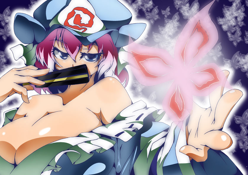blue_eyes breasts bug butterfly cleavage hat huge_breasts insect pink_hair saigyouji_yuyuko short_hair solo toudori touhou