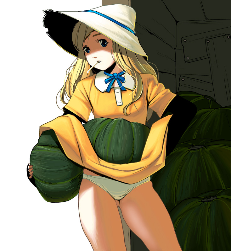 bad_id bad_pixiv_id blonde_hair blue_eyes cowboy_shot hat long_hair masao mouth_hold original panties pumpkin skirt skirt_lift solo underwear