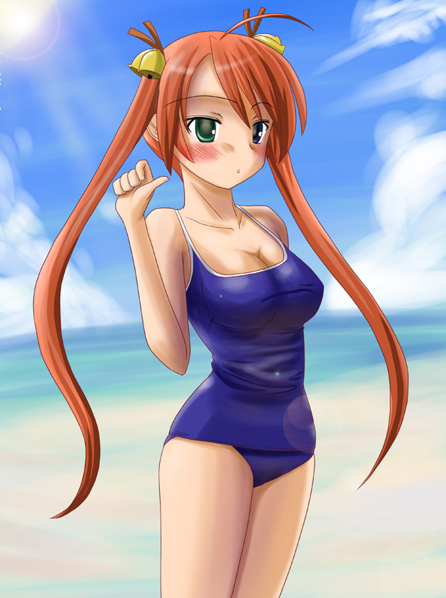 ahoge bell breasts green_eyes kagurazaka_asuna large_breasts long_hair mahou_sensei_negima! one-piece_swimsuit orange_hair school_swimsuit solo suisei_yui swimsuit twintails