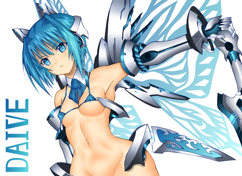 armor armpits blue_eyes blue_hair bottomless breasts copyright_request covered_nipples daive groin medium_breasts short_hair solo wide_hips wings