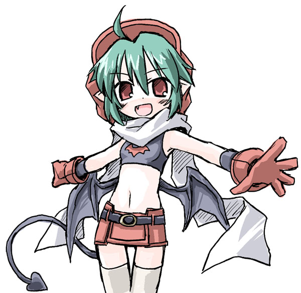 demon_tail gloves green_hair kugelschreiber looking_at_viewer open_mouth pointy_ears red_eyes rukia_moon shinrabanshou short_hair simple_background smile solo tail white_background wings