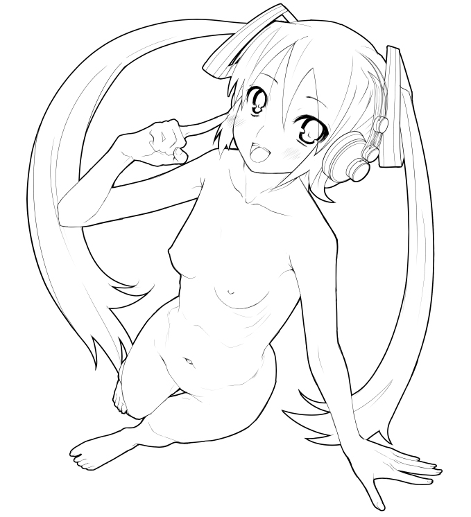 barefoot face flat_chest foreshortening greyscale hands hatsune_miku headphones long_hair monochrome nipples nude pointing solo twintails vocaloid yada_ei