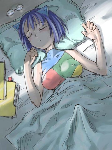 1girl 2k 2k-tan bangs bare_shoulders bed bed_sheet blue_hair breasts breasts_apart clenched_hand dutch_angle erect_nipples erection eyes_closed folder from_above futanari glasses glasses_removed hair_ornament halterneck indoors lowres mrchamon os-tan parted_lips penis pillow resize shade short_hair sketch sleeping solo under_covers