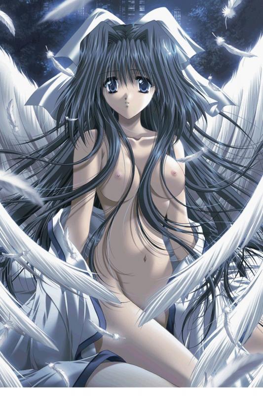 artist_request black_hair blue_eyes breasts copyright_request feathers hair_ribbon large_breasts long_hair nipples nude ribbon solo wings