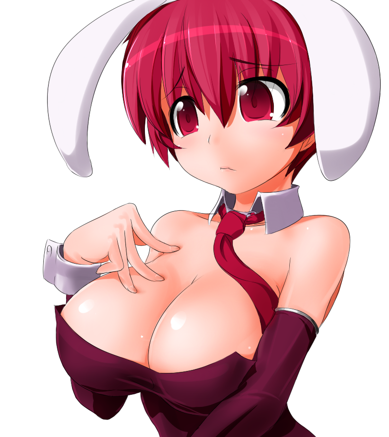 animal_ears breasts bunny_ears cleavage copyright_request detached_sleeves hands large_breasts necktie potion_(moudamepo) red_eyes red_hair short_hair sleeve_cuffs solo upper_body