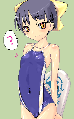 :3 artist_request bare_shoulders black_hair cameltoe copyright_request covered_nipples flat_chest kickboard lowres non-web_source oekaki one-piece_swimsuit short_hair solo swimsuit yellow_eyes