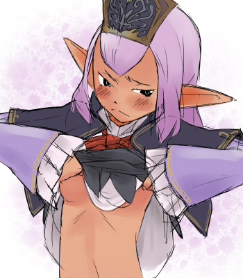 artist_request blush elf elvaan final_fantasy final_fantasy_xi flat_chest long_hair lowres pointy_ears prishe purple_hair shirt_lift silver_eyes solo