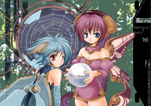 animal_ears bare_shoulders blue_eyes blue_hair butterfly_wings cyrillic detached_collar detached_sleeves dog_ears expressionless holding itsukawa_kiduku leotard looking_at_viewer lowres multiple_girls original puffy_sleeves ranguage red_eyes red_hair russian short_hair silk smile sphere spider_web standing wings