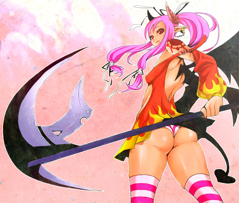 ass copyright_request earrings hdkg horns jewelry pink_hair pointy_ears red_eyes scythe solo tattoo thighhighs