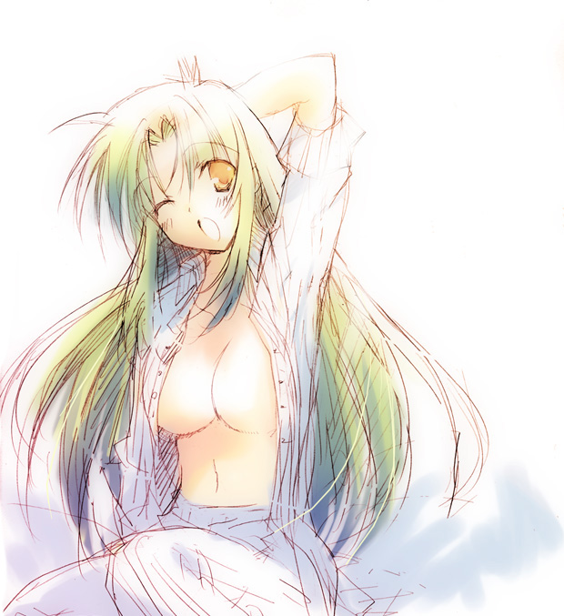 artist_request breasts copyright_request green_hair large_breasts one_eye_closed open_clothes pajamas sketch solo yawning yellow_eyes