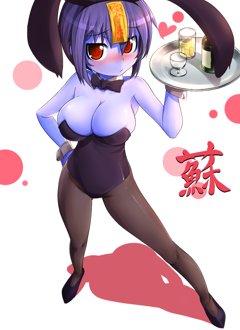 animal_ears blue_hair blue_skin blush breasts bunny_ears bunny_girl bunnysuit cleavage jiangshi large_breasts ofuda original pantyhose potion_(moudamepo) red_eyes short_hair solo tray wrist_cuffs