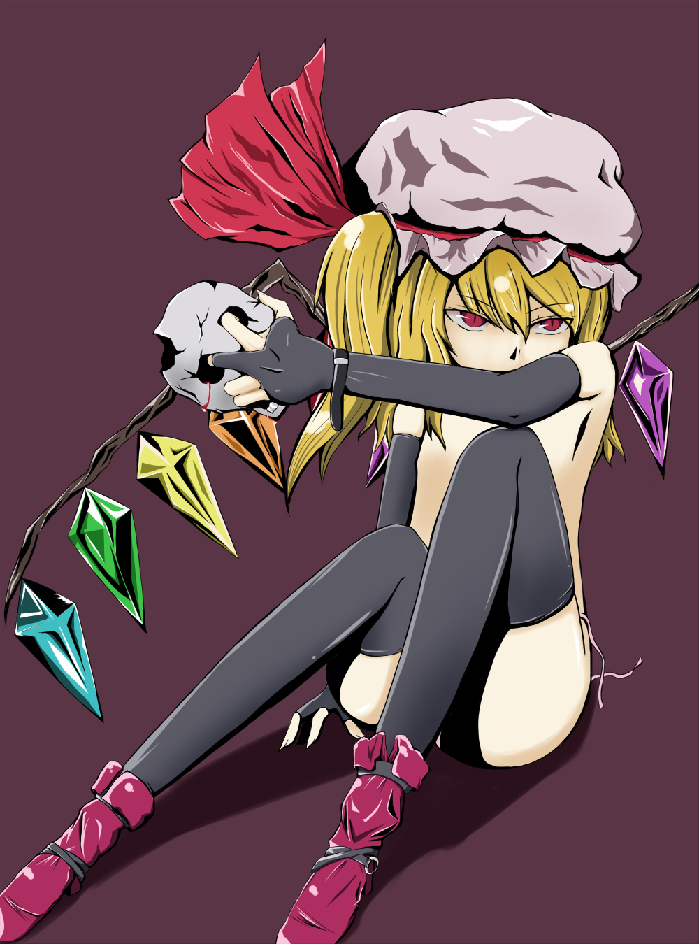 blonde_hair blood flandre_scarlet hat highres ironote nude ribbon short_hair skull socks solo thighhighs touhou wings
