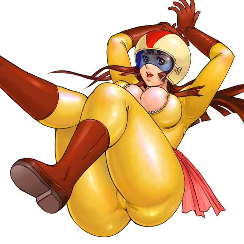 areola_slip areolae bodysuit boots breast_squeeze breasts brown_hair fat_mons gloves helmet large_breasts latex mazinger_z orange_bodysuit shiny shiny_clothes simple_background skin_tight smile solo visor yumi_sayaka zen_and_retro zipper