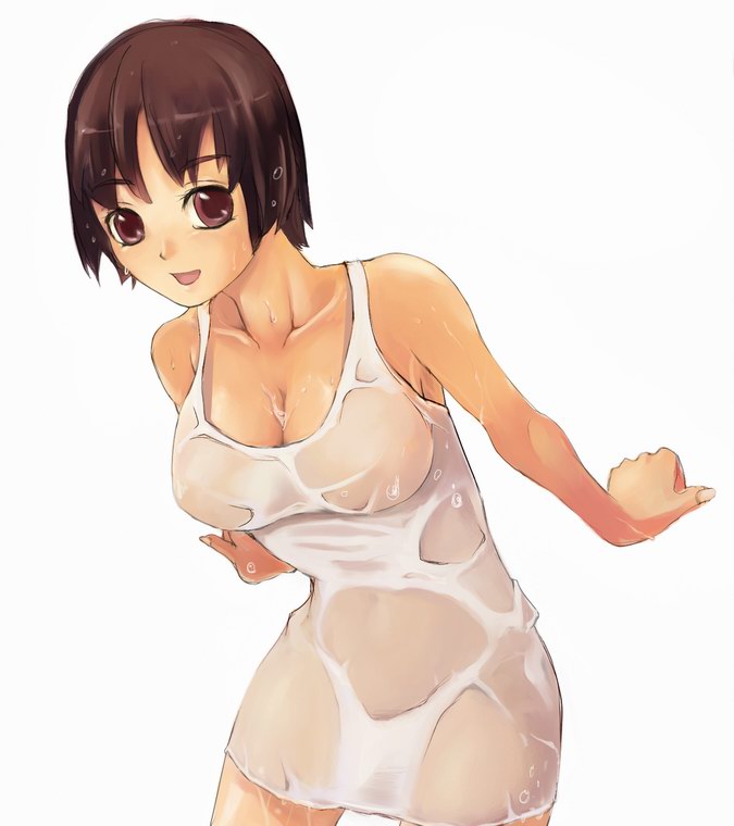 bad_id bad_pixiv_id bare_shoulders breasts brown_eyes brown_hair cleavage large_breasts original shirt short_hair smile solo suoni_(deeperocean) wet wet_clothes wet_shirt