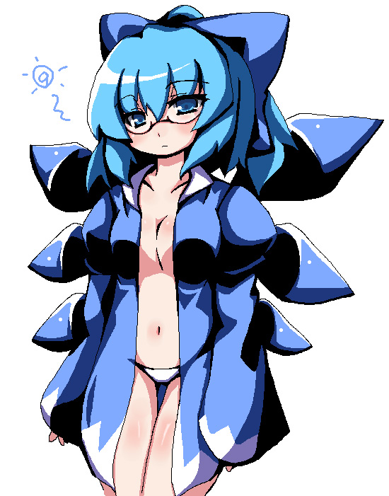 1girl adapted_costume bespectacled breasts cirno cleavage glasses jacket medium_breasts navel oborotsuki_kakeru open_clothes open_jacket panties solo touhou underwear