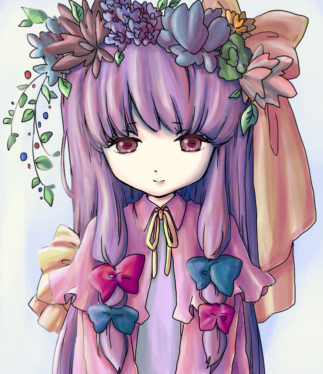 bow colorized flower hat long_hair patchouli_knowledge pink_bow purple_eyes purple_hair ribbon solo touhou