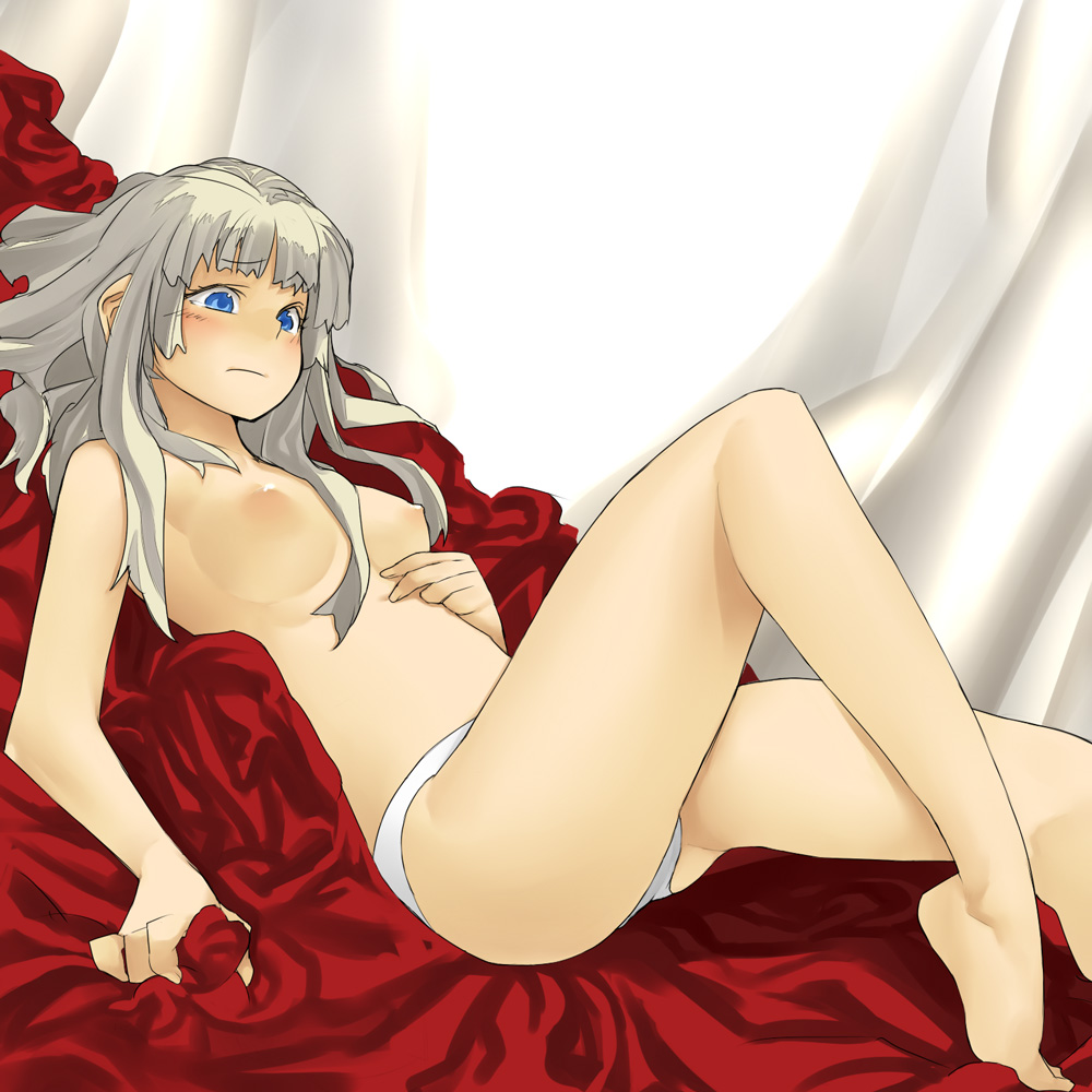 barefoot bed blue_eyes blush breasts copyright_request hama_(22ji_kara_24ji) large_breasts nipples panties silver_hair solo topless underwear