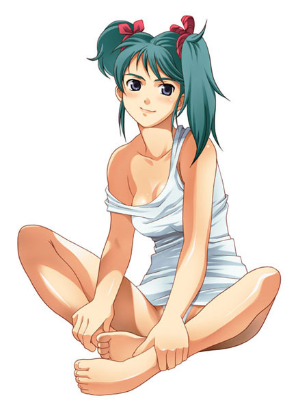 bakuhatsu_gorou bare_shoulders barefoot blue_eyes breasts char's_counterattack cleavage collarbone feet green_hair gundam indian_style medium_breasts panties quess_paraya sitting smile solo strap_slip tank_top twintails underwear uneven_twintails