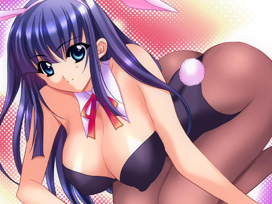 1girl all_fours animal_ears arched_back artist_request ass bangs bare_shoulders bb black_legwear blue_eyes blue_hair bow bowtie breasts brown_legwear bunny_ears bunny_tail bunnysuit choker cleavage curvy detached_collar dutch_angle erect_nipples fake_animal_ears fuutou_shizune hair_between_eyes hairband halftone halftone_background hanging_breasts huge_breasts kneeling large_breasts leotard long_hair looking_at_viewer oshioki_sweetie pantyhose payot polka_dot polka_dot_background profile rainbow_background ribbon shindou_mikeko shiny shiny_hair sidelocks smile solo tail thong_leotard very_long_hair wallpaper