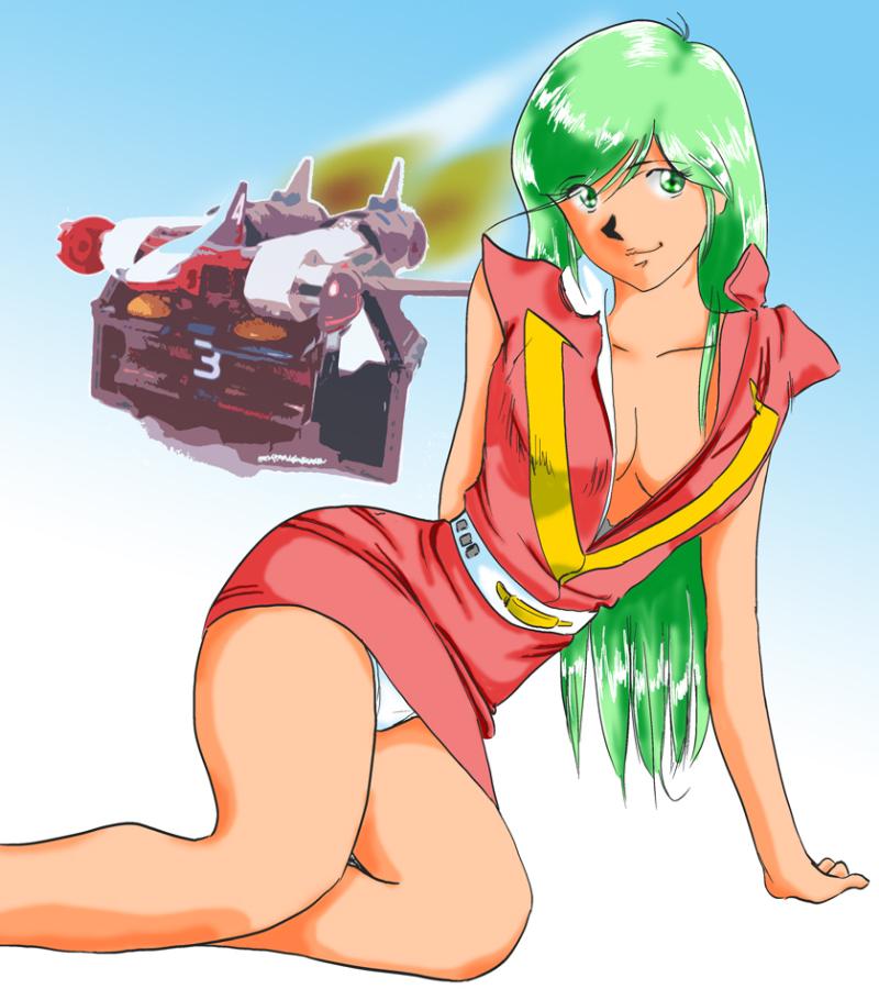 artist_request breasts choudenji_robo_combattler_v cleavage green_eyes green_hair mecha medium_breasts nanbara_chizuru smile solo