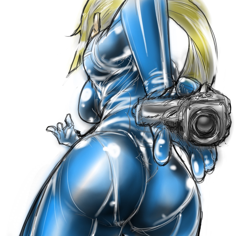 ass ass_focus blonde_hair bodysuit duplicate gun md5_mismatch metroid samus_aran solo weapon yakibuta_(shimapow) zero_suit