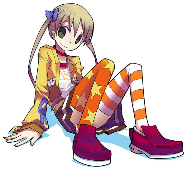 alternate_costume blonde_hair blue_bow bow brown_skirt choker clothes_writing full_body green_eyes hair_bow jacket long_hair long_sleeves looking_at_viewer maka_albarn mismatched_legwear multicolored multicolored_clothes multicolored_legwear non-web_source open_clothes open_jacket orange_legwear pleated_skirt red_footwear shirt shoes sitting skirt smile solo soul_eater star star_print striped striped_legwear suzuon t-shirt thighhighs twintails upskirt