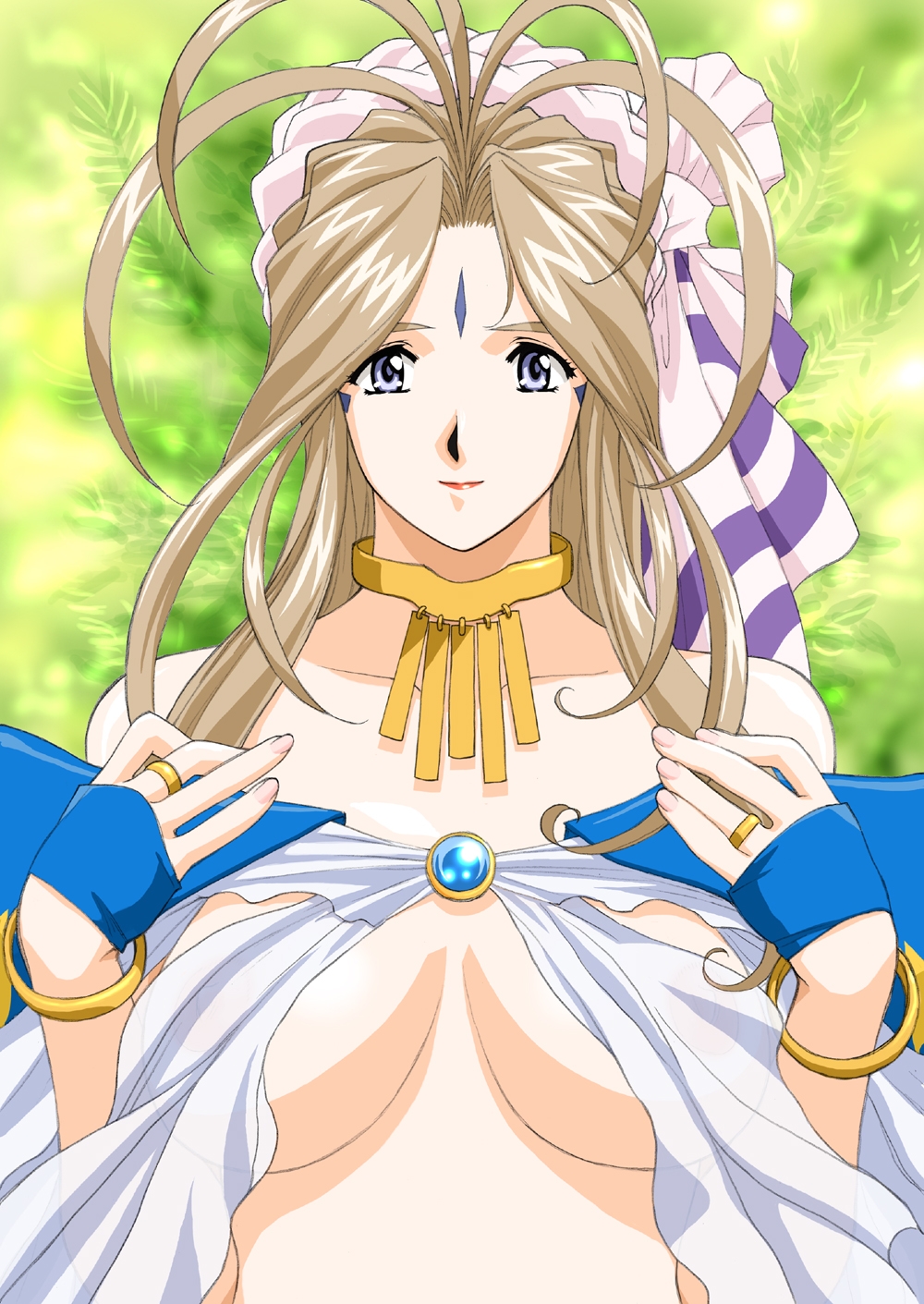 aa_megami-sama bare_shoulders belldandy blue_eyes bracelet breasts brown_hair facial_mark forehead_mark gloves highres jewelry joy_division large_breasts long_hair necklace ring see-through solo underboob