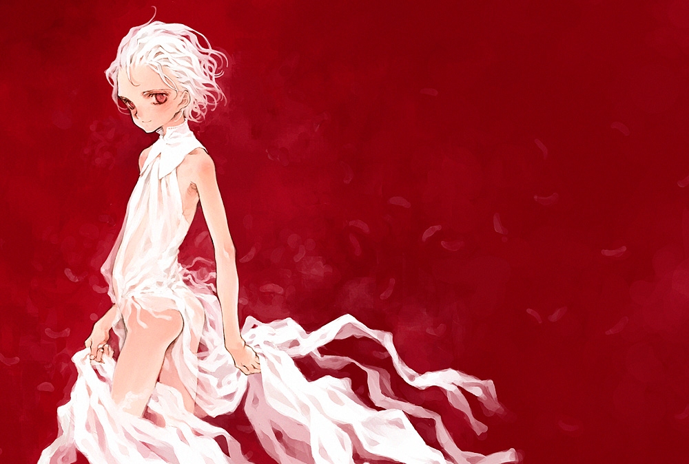 blonde_hair blush copyright_request flat_chest ooyari_ashito red red_background red_eyes solo