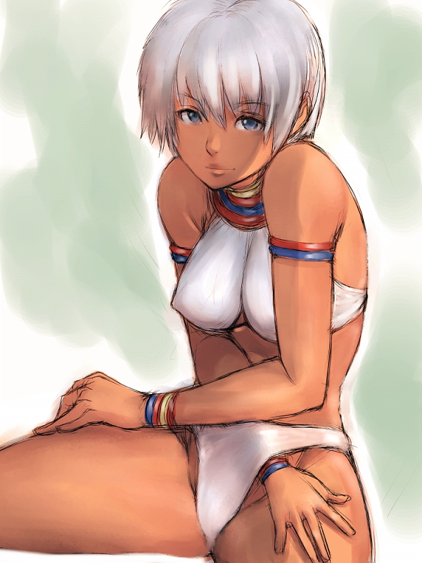 armlet bare_shoulders bikini blue_eyes breasts closed_mouth crossed_arms dark_skin elena_(street_fighter) fumio_(rsqkr) hand_under_clothes hunched_over jewelry large_breasts light_smile looking_at_viewer neck_ring necklace short_hair sitting solo street_fighter street_fighter_iii_(series) swimsuit white_bikini white_hair