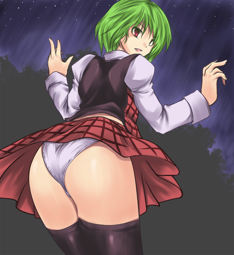 ass bad_id bad_pixiv_id black_legwear blush forest from_behind glowing green_hair hips jiete kazami_yuuka looking_back nature night night_sky open_mouth outstretched_arms panties pantyshot plaid plaid_skirt plaid_vest short_hair skirt skirt_set sky socks solo spread_arms star_(sky) starry_sky thighhighs touhou underwear upskirt vest white_panties