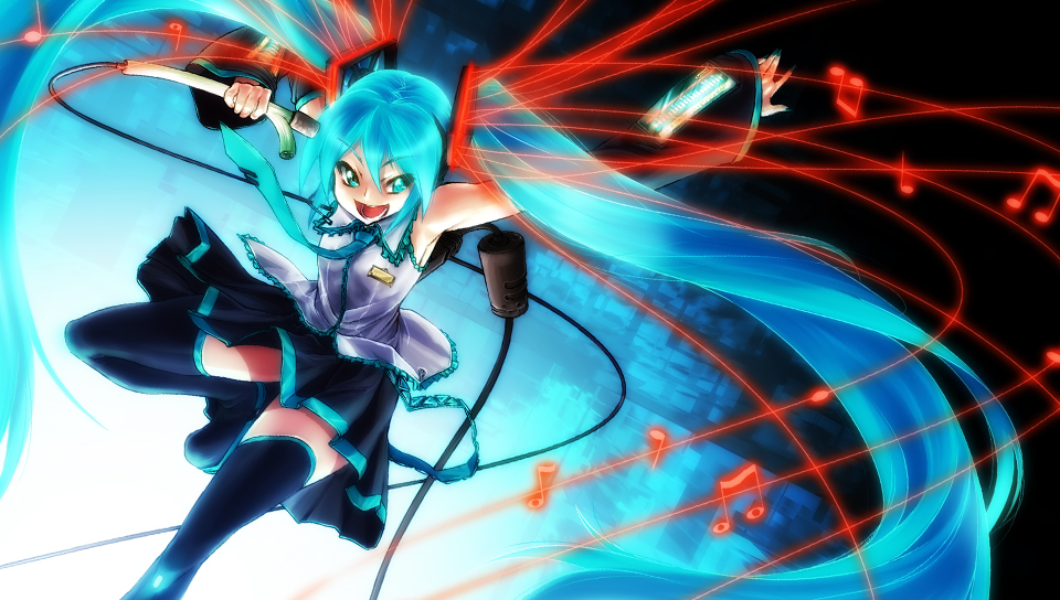 beamed_eighth_notes blue_eyes blue_hair eighth_note half_note hatsune_miku long_hair microphone musical_note necktie nekomamire quarter_note skirt solo spring_onion staff_(music) thighhighs twintails very_long_hair vocaloid