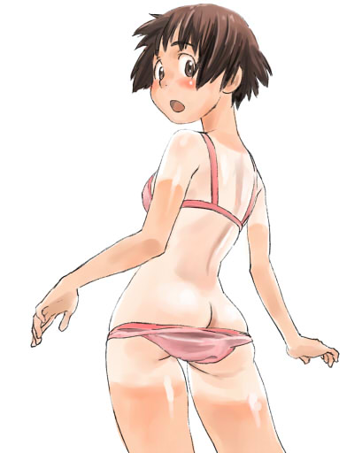 ass back bikini bikini_pull blush brown_eyes brown_hair copyright_request from_behind outstretched_arms pink_bikini shirt_tan short_hair shorts_tan simple_background solo spread_arms swimsuit tan tanline white_background zerry_fujio