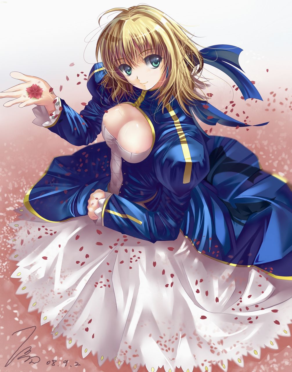 artoria_pendragon_(all) blonde_hair breasts cleavage fate/stay_night fate_(series) green_eyes highres medium_breasts miyazaki_byou saber solo