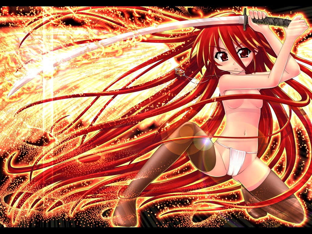 alastor_(shakugan_no_shana) ass_visible_through_thighs black_legwear blush cameltoe convenient_censoring expressionless fundoshi hair_censor hair_over_breasts hase_yu japanese_clothes jewelry katana long_hair one_knee pendant red_eyes red_hair shakugan_no_shana shana solo sword thighhighs topless very_long_hair weapon wings