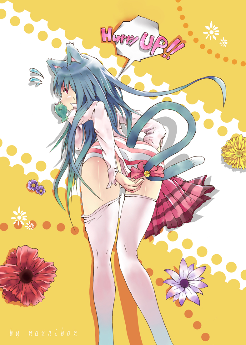 animal_ears ass bad_id bad_pixiv_id bent_over blue_hair cat_ears cat_tail flower long_hair looking_back mouth_hold nauribon original panties red_eyes solo striped striped_panties tail thighhighs underwear white_legwear