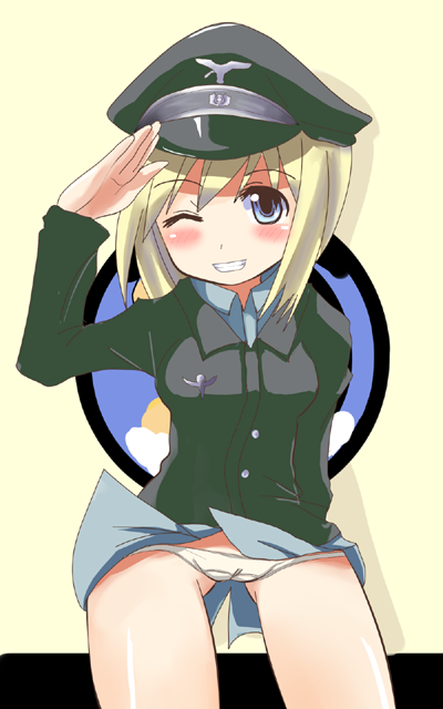 bad_id bad_pixiv_id blonde_hair blue_eyes comord erica_hartmann grin hat one_eye_closed panties salute short_hair smile solo strike_witches underwear world_witches_series
