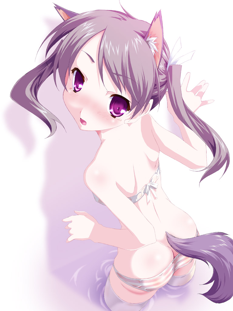 animal_ears ass back bare_shoulders cat_ears from_above from_behind long_hair looking_back open_mouth original panties purple_eyes purple_hair solo striped striped_panties tail thighhighs twintails underwear wading water yamano_sachi